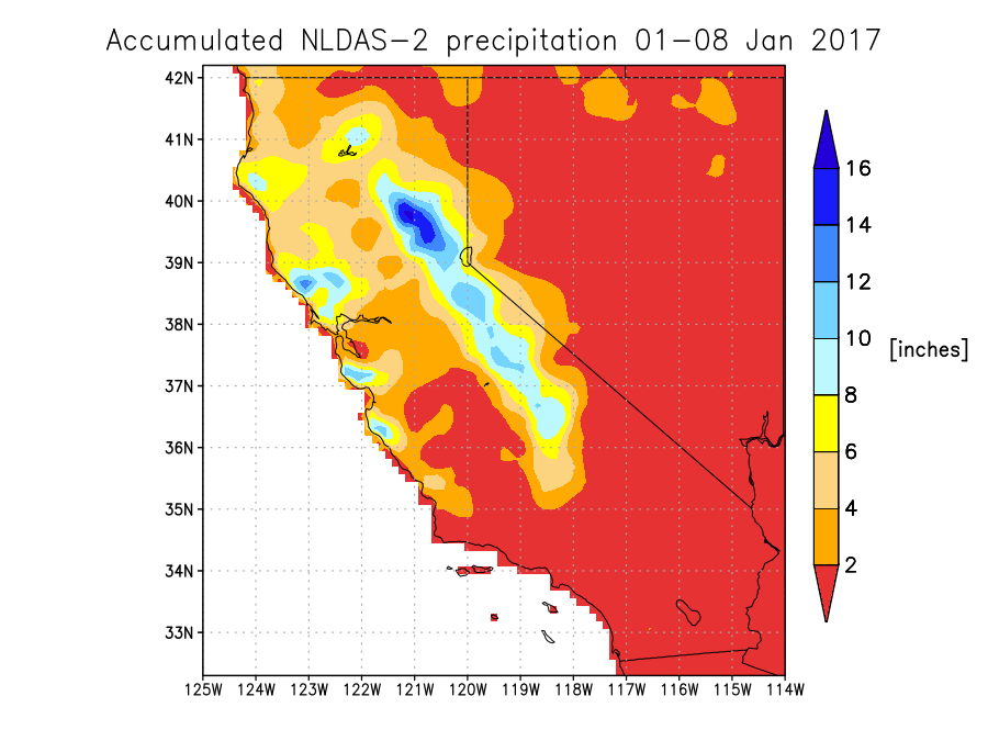 NLDAS-2 total precipitation (inches) from Jan 1 to Jan 8, 2017