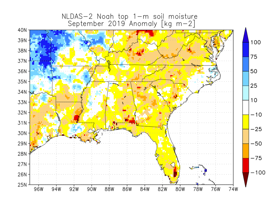 NLDAS Noah top 1-meter soil moisture anomaly for September 2019