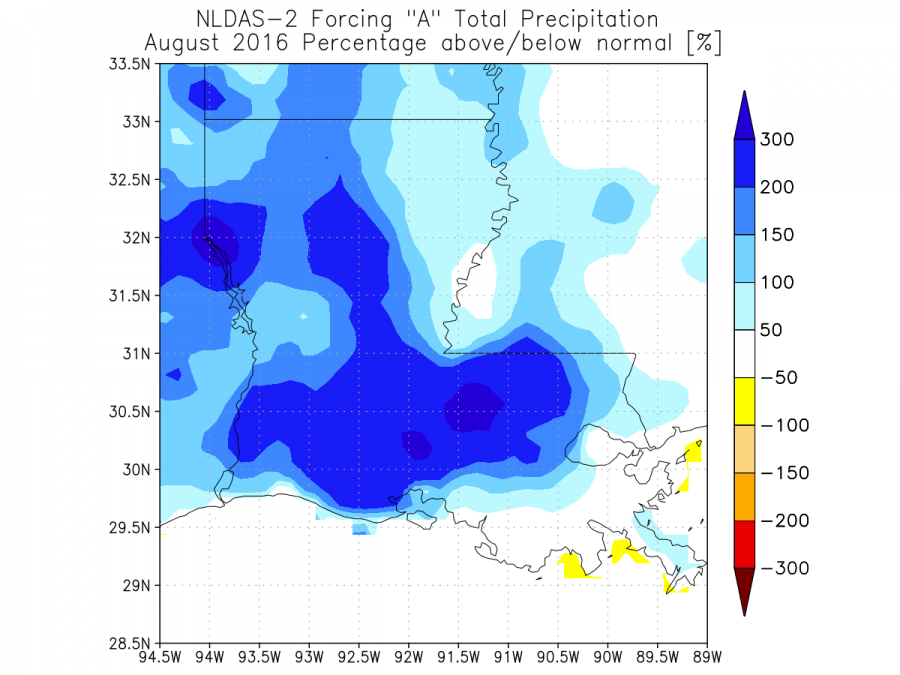 NLDAS percentage above/below normal precipitation for August 2016 for Louisiana.